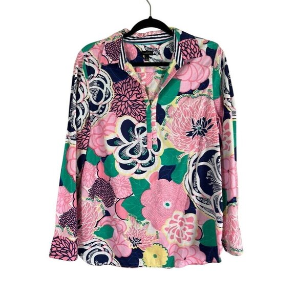Talbots Floral Top L Pink Tropical Resort Workwear Classic Preppy Colorful Retro - Picture 1 of 14